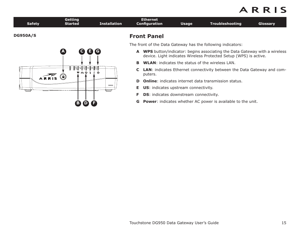 Front panel | ARRIS DG950 User Guide User Manual | Page 15 / 49