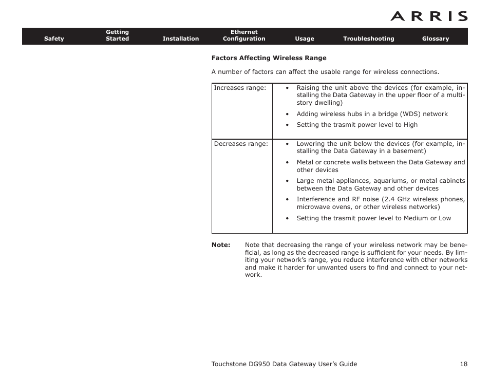 Factors affecting wireless range | ARRIS DG950 User Guide User Manual | Page 18 / 49