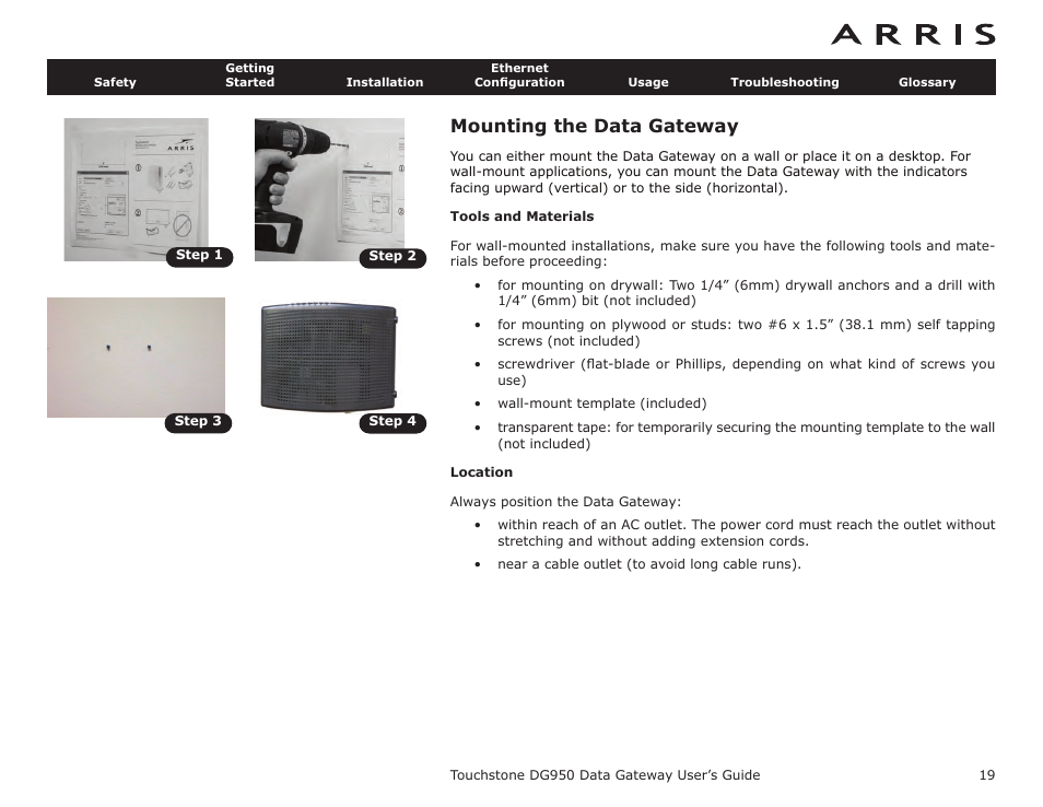 Mounting the data gateway, Tools and materials, Location | ARRIS DG950 User Guide User Manual | Page 19 / 49