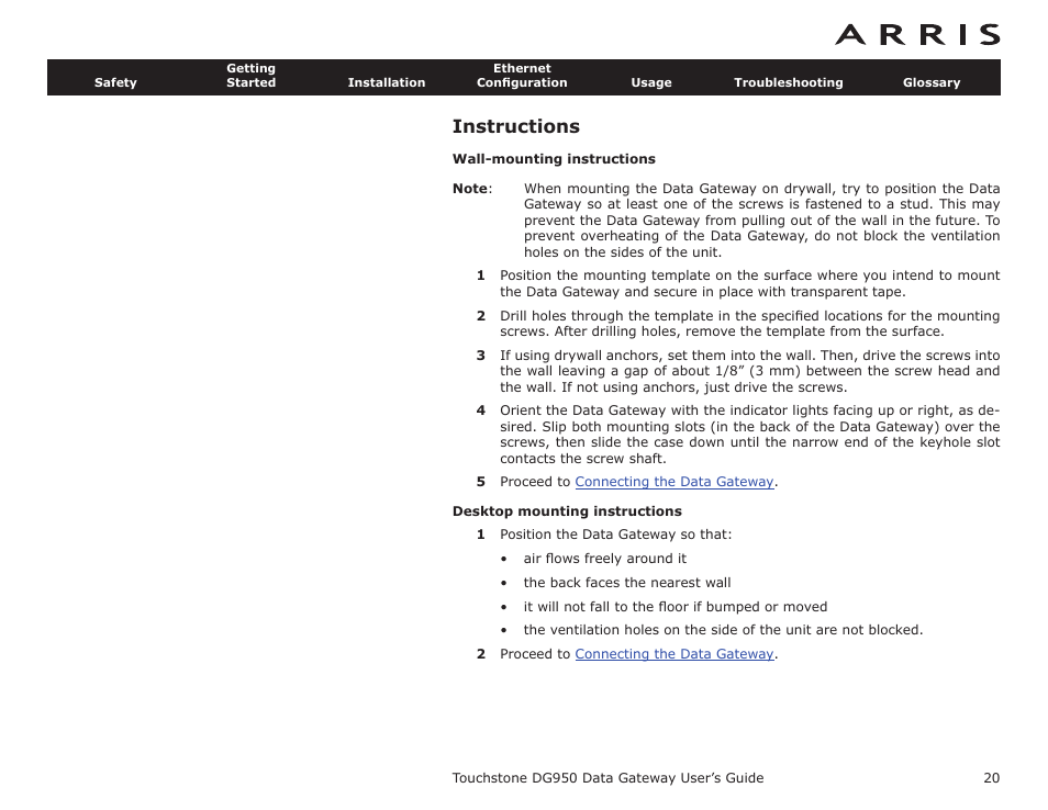 Instructions, Wall-mounting instructions, Desktop mounting instructions | ARRIS DG950 User Guide User Manual | Page 20 / 49