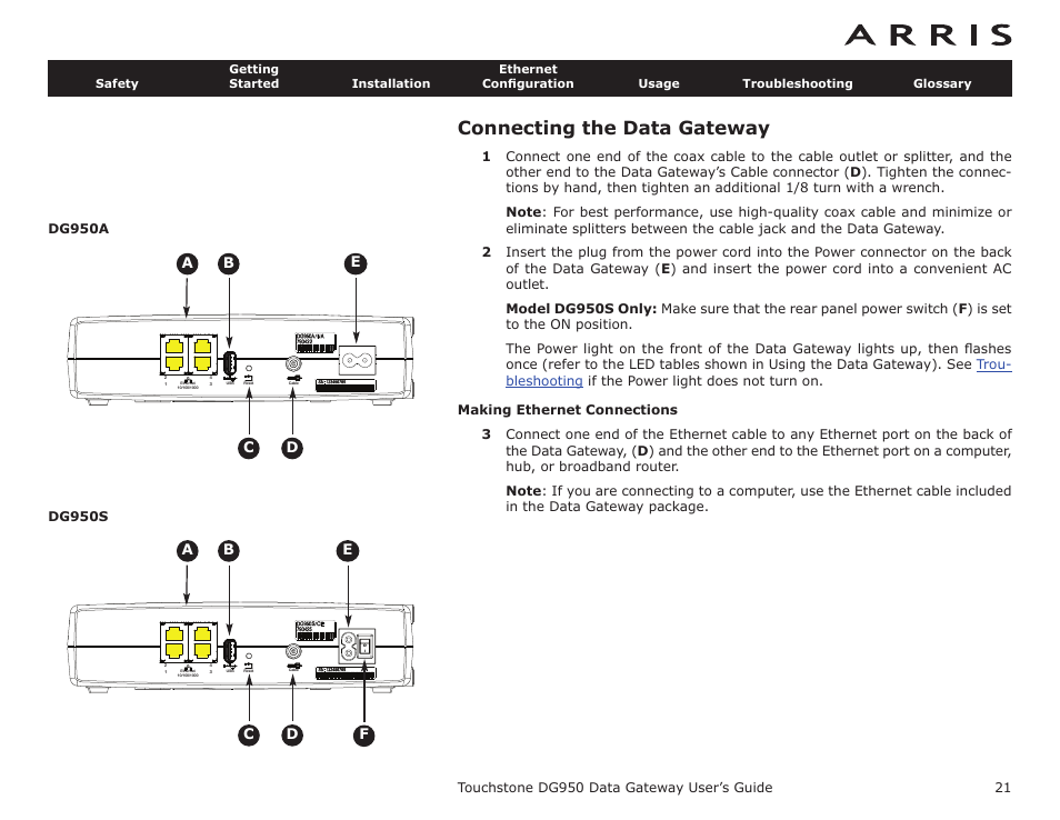 Connecting the data gateway, Making ethernet connections, Ca b e | ARRIS DG950 User Guide User Manual | Page 21 / 49