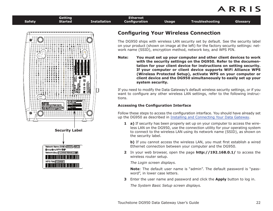 Configuring your wireless connection, Accessing the configuration interface, Conﬁguring your wireless | Connection, Conﬁguring your wireless connection | ARRIS DG950 User Guide User Manual | Page 22 / 49