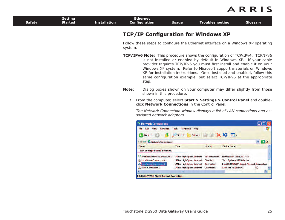 Tcp/ip configuration for windows xp, Tcp/ip conﬁguration for windows xp | ARRIS DG950 User Guide User Manual | Page 26 / 49