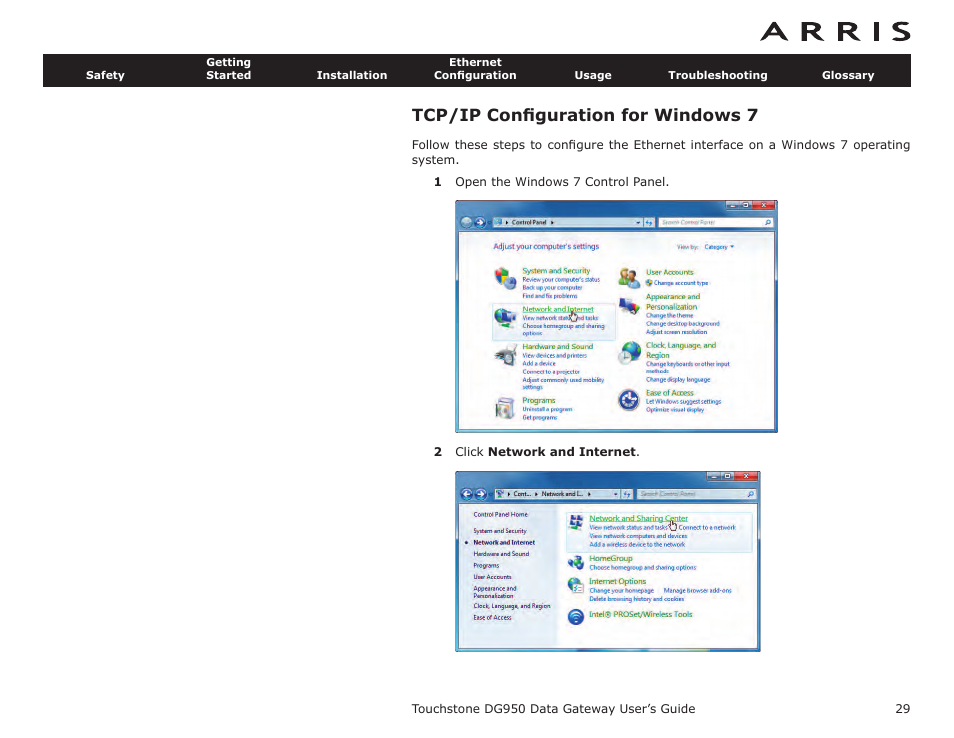 Tcp/ip configuration for windows 7, Tcp/ip conﬁguration for windows 7 | ARRIS DG950 User Guide User Manual | Page 29 / 49