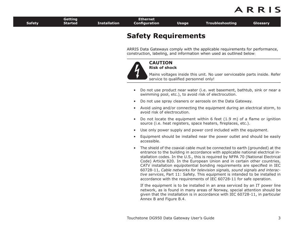 Safety requirements | ARRIS DG950 User Guide User Manual | Page 3 / 49