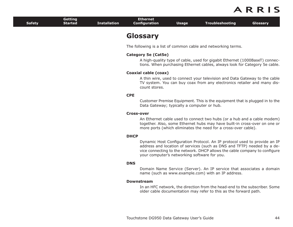 Glossary, Coax cable | ARRIS DG950 User Guide User Manual | Page 44 / 49