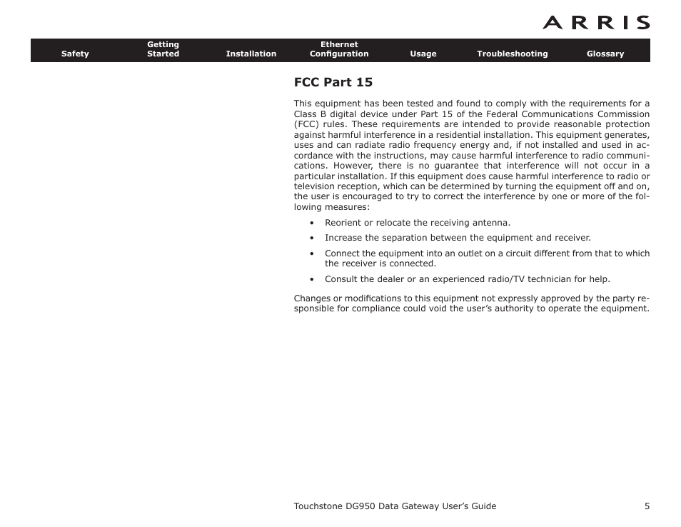 Fcc part 15 | ARRIS DG950 User Guide User Manual | Page 5 / 49