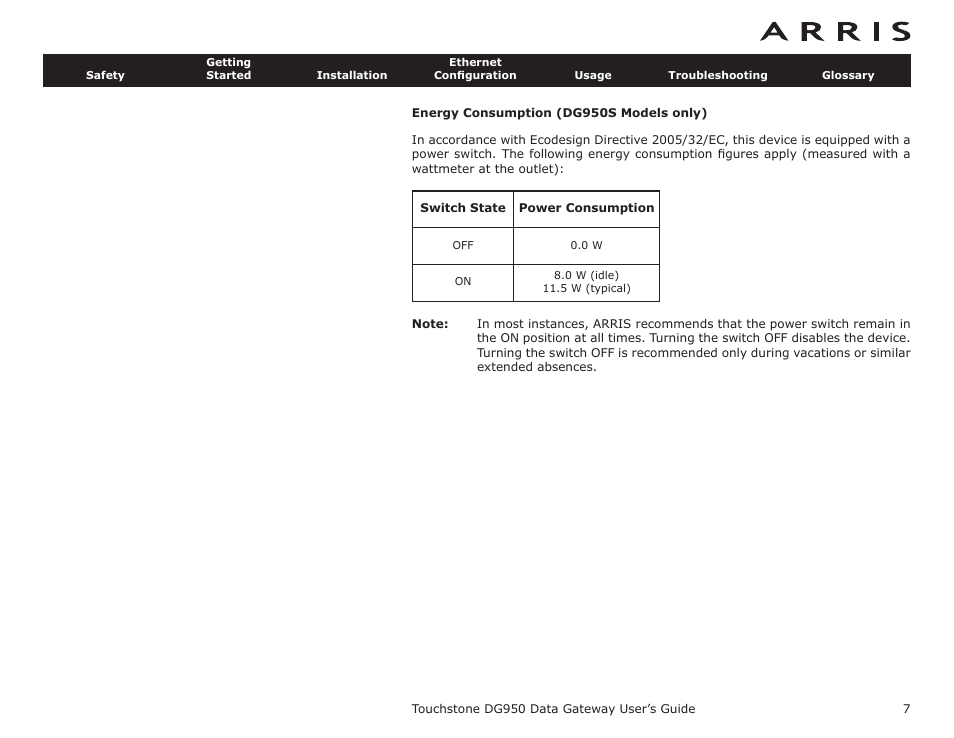 Energy consumption (dg950s models only) | ARRIS DG950 User Guide User Manual | Page 7 / 49