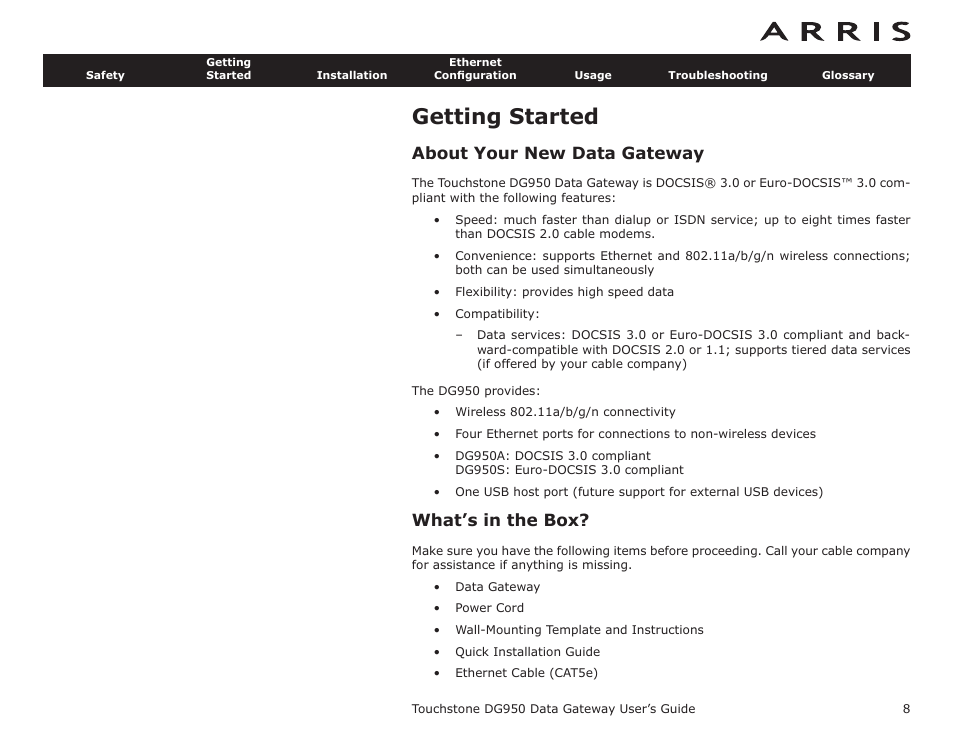 Getting started, About your new data gateway, What’s in the box | Getting, Started | ARRIS DG950 User Guide User Manual | Page 8 / 49