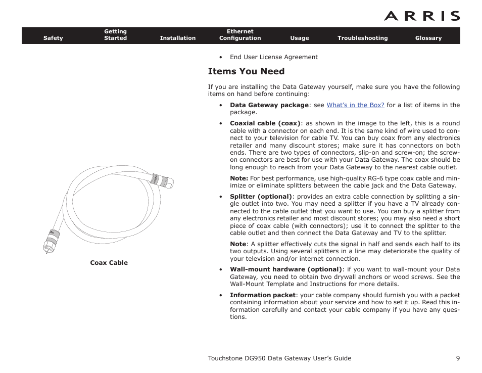 Items you need | ARRIS DG950 User Guide User Manual | Page 9 / 49
