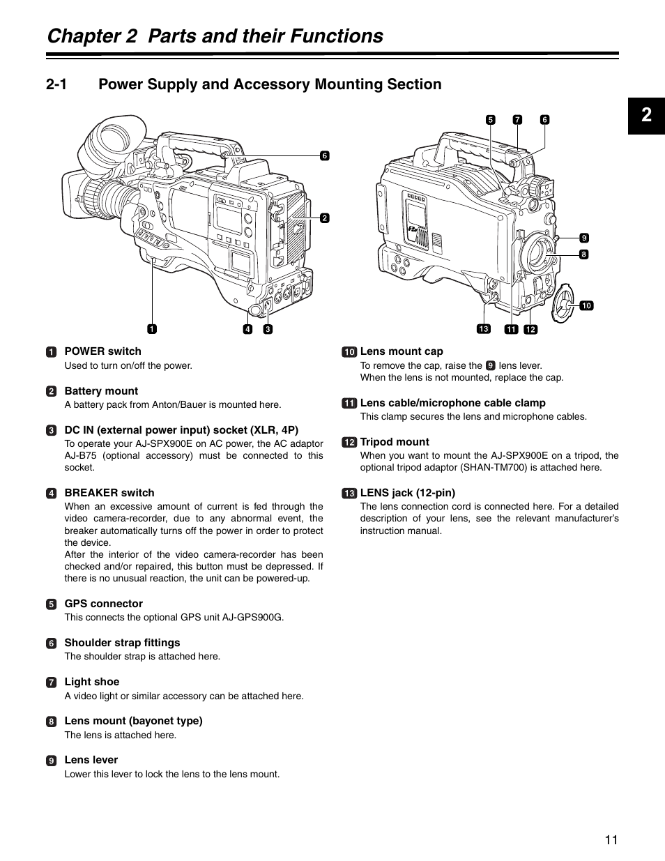 Chapter 2 parts and their functions, 1 power supply and accessory mounting section, Chapter 2 | Parts and their functions, Power supply and, Accessory mounting section, 2chapter 2 parts and their functions | Panasonic SPX900 User Manual | Page 11 / 118