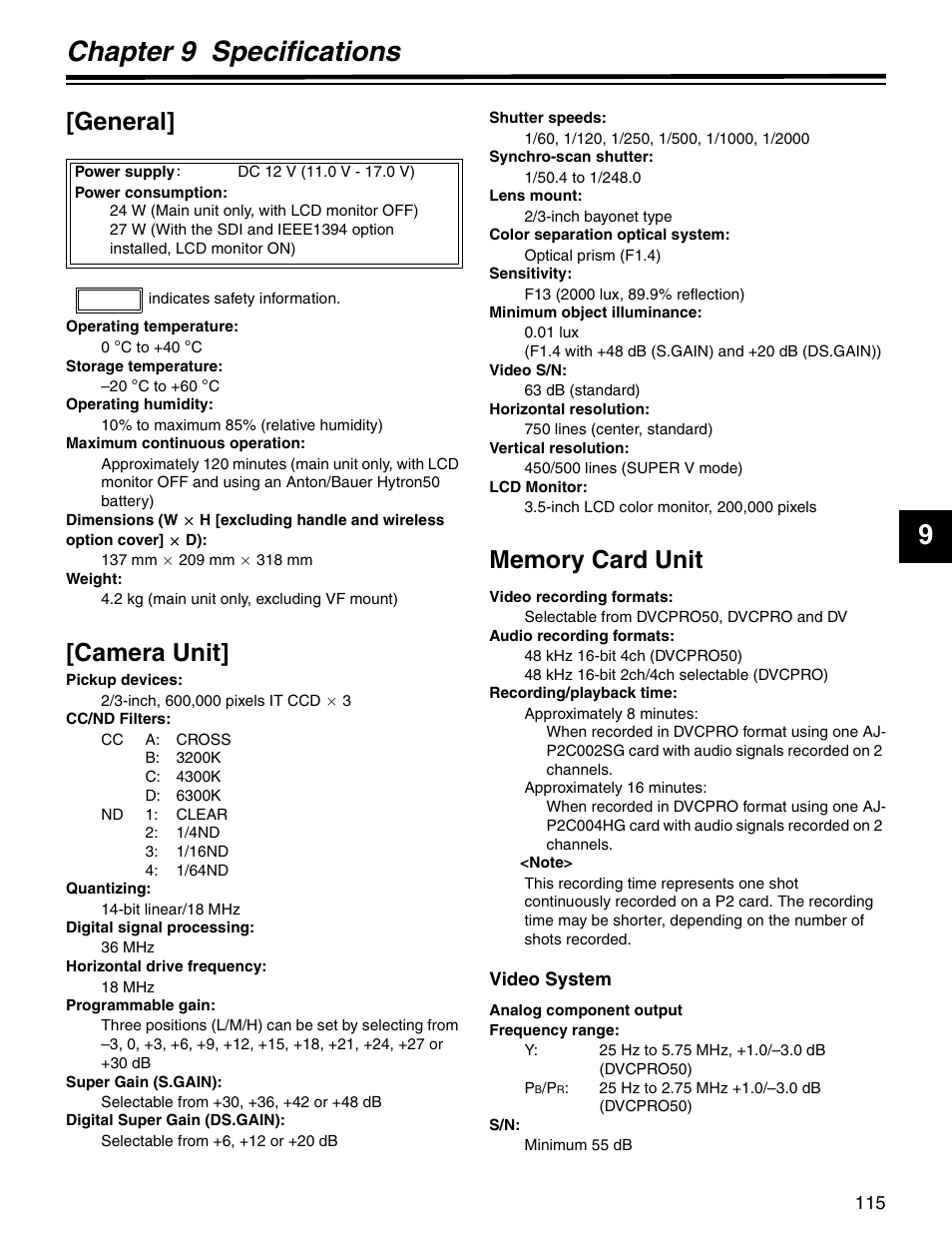 Chapter 9 specifications, Chapter 9, Specifications | 9chapter 9 specifications, General, Camera unit | Panasonic SPX900 User Manual | Page 115 / 118