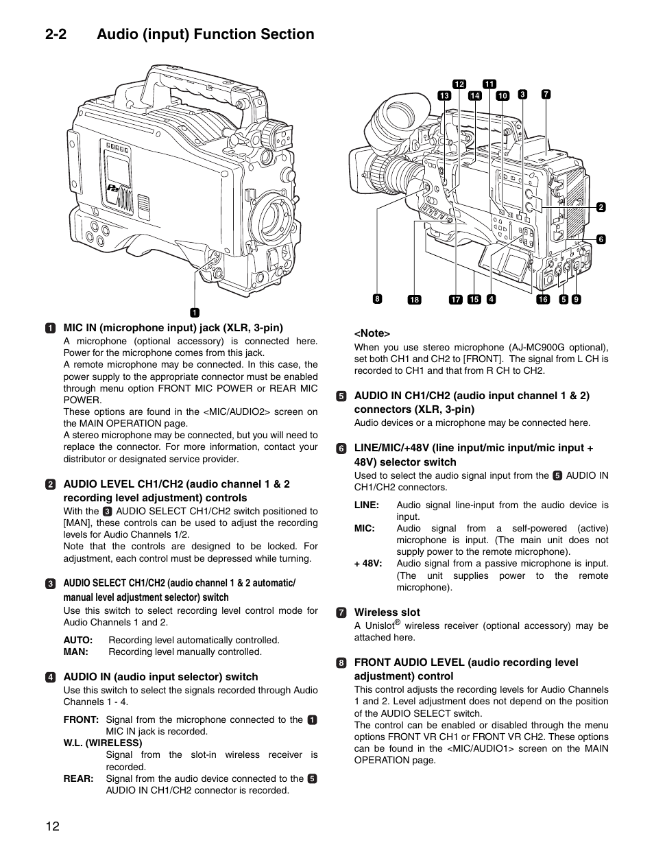 2 audio (input) function section, Audio (input) function section | Panasonic SPX900 User Manual | Page 12 / 118
