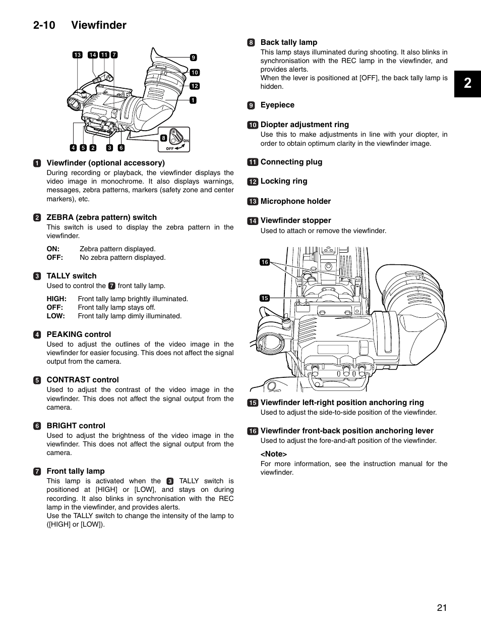 10 viewfinder, Viewfinder | Panasonic SPX900 User Manual | Page 21 / 118