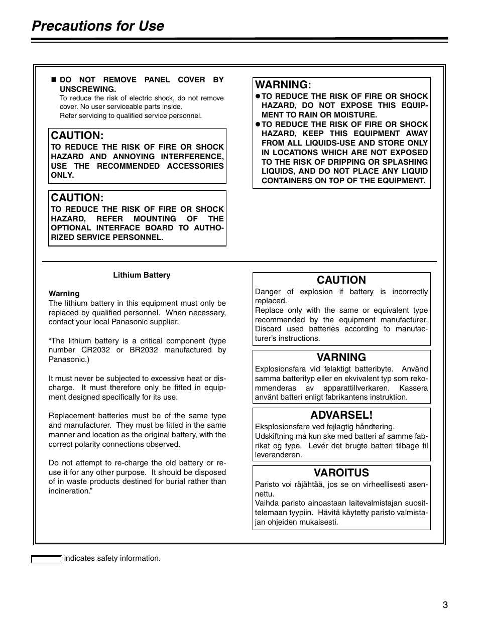 Precautions for use, Warning, Caution | Varning, Advarsel, Varoitus | Panasonic SPX900 User Manual | Page 3 / 118