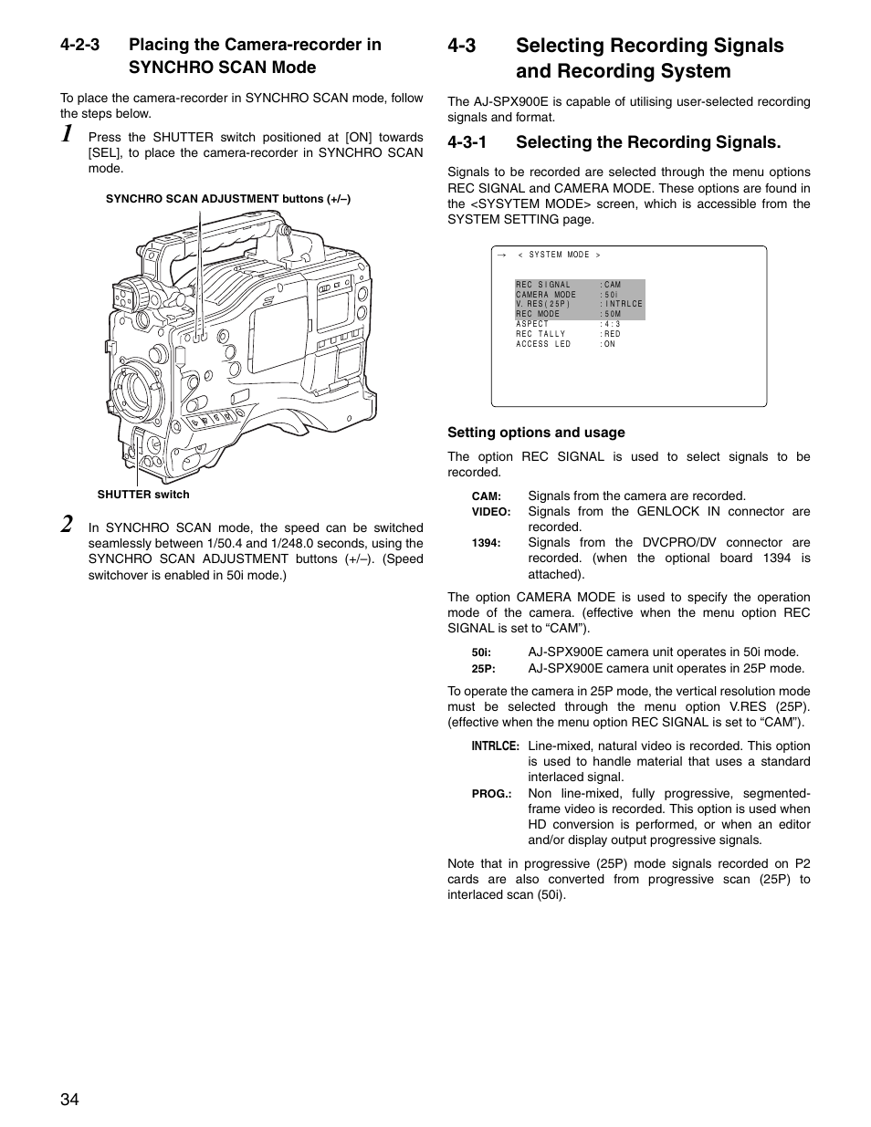 3 selecting recording signals and recording system, 3-1 selecting the recording signals, Placing the camera-recorder | In synchro scan mode, Selecting recording signals and, Recording system, Selecting the recording signals | Panasonic SPX900 User Manual | Page 34 / 118
