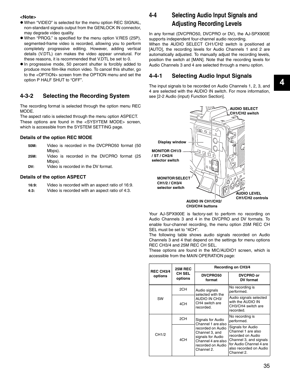 3-2 selecting the recording system, 4-1 selecting audio input signals, Selecting the recording system | Selecting audio input signals and, Adjusting recording levels, Selecting audio input signals | Panasonic SPX900 User Manual | Page 35 / 118