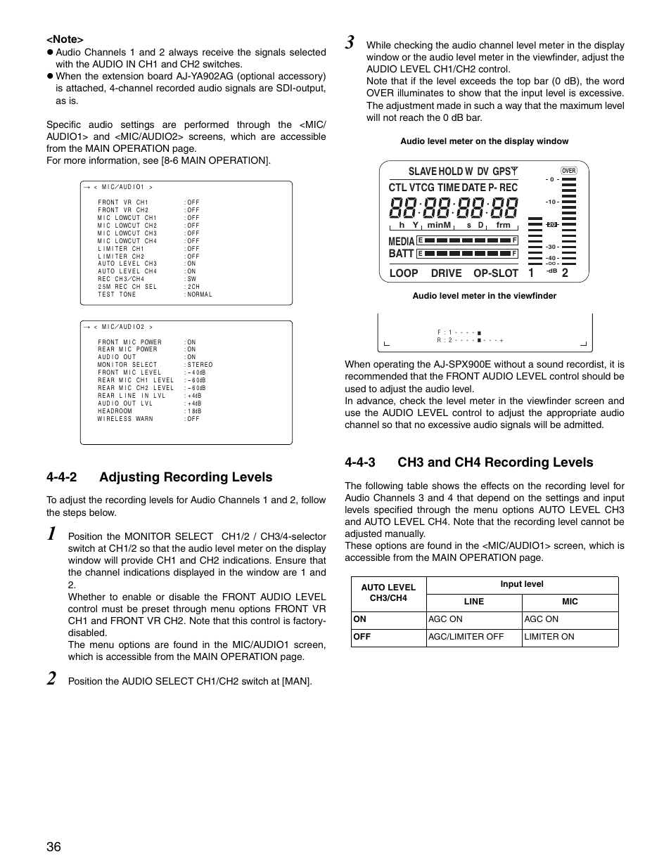 4-2 adjusting recording levels, 4-3 ch3 and ch4 recording levels, Adjusting recording levels | Ch3 and ch4 recording levels | Panasonic SPX900 User Manual | Page 36 / 118