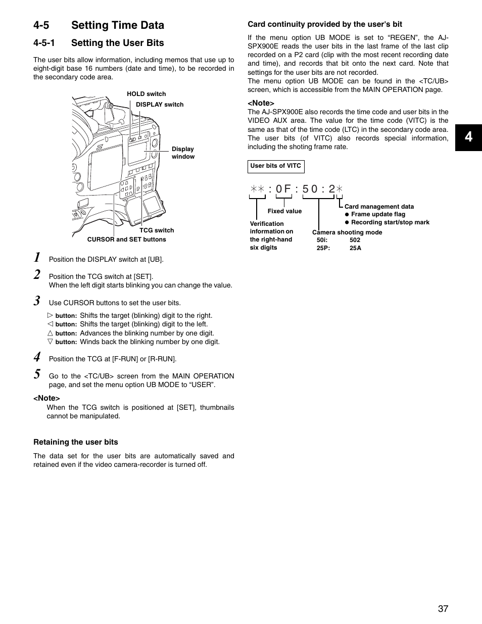5 setting time data, 5-1 setting the user bits, Setting time data | Setting the user bits | Panasonic SPX900 User Manual | Page 37 / 118