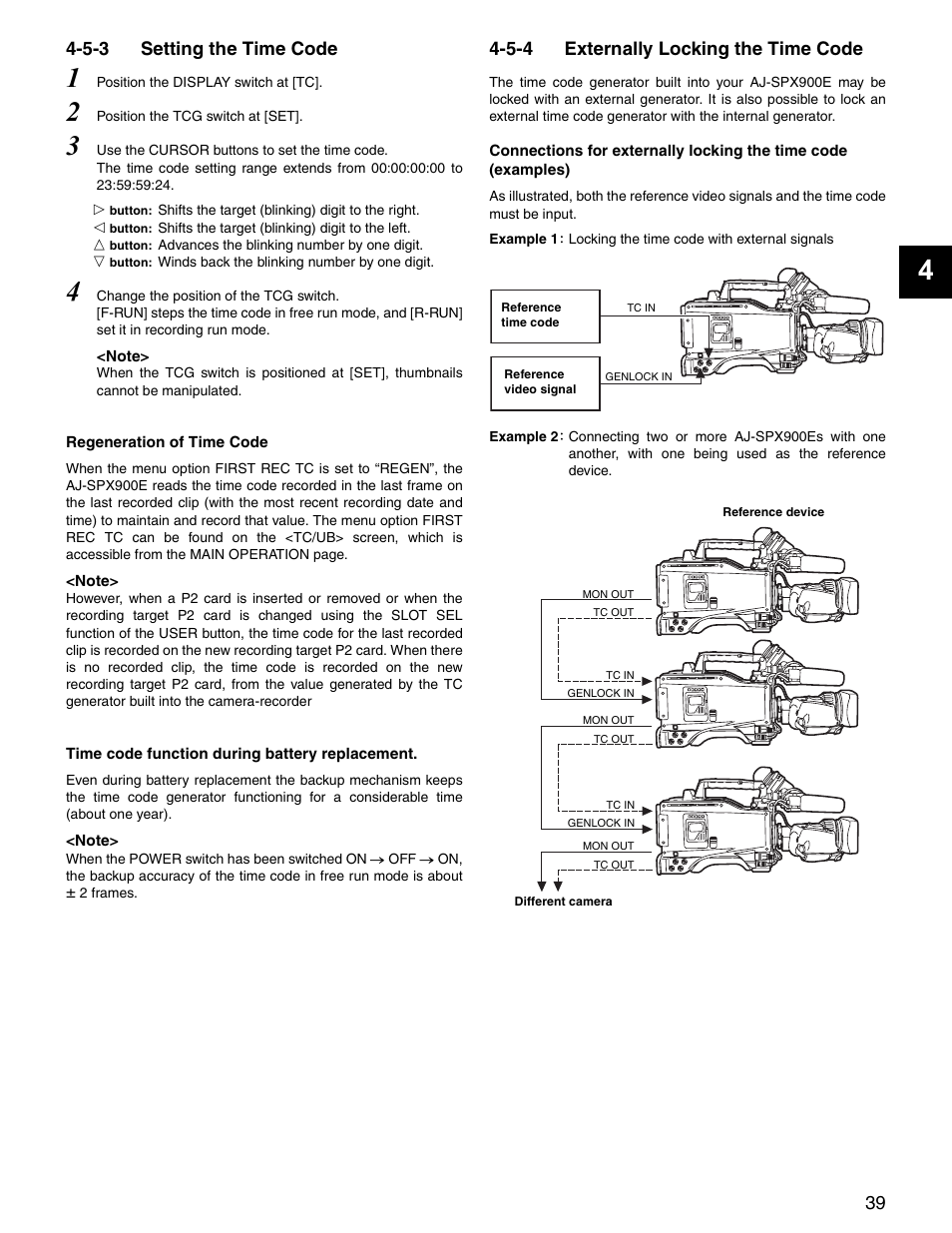 5-3 setting the time code, 5-4 externally locking the time code, Setting the time code | Externally locking the time code | Panasonic SPX900 User Manual | Page 39 / 118
