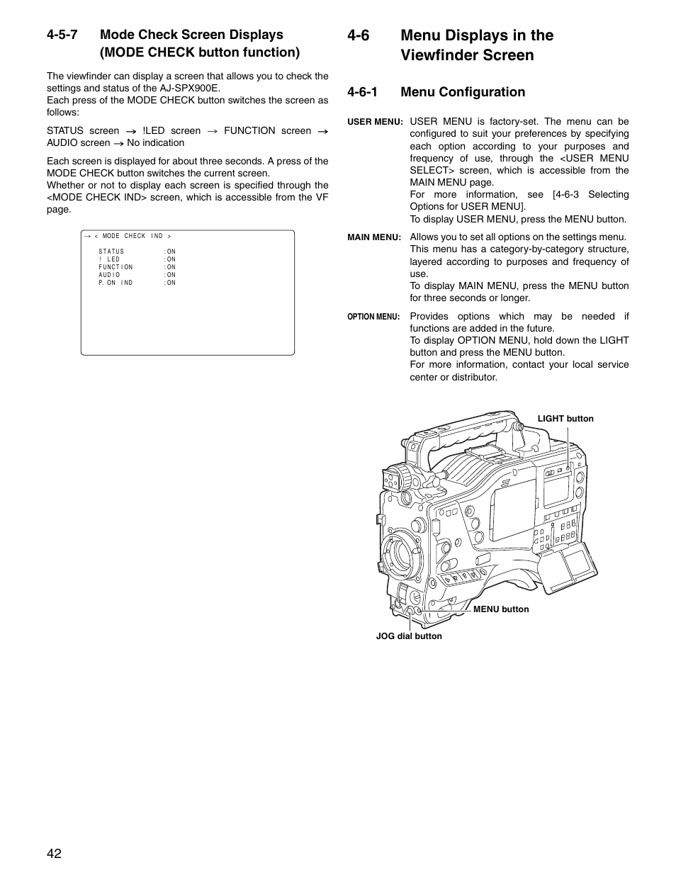 6 menu displays in the viewfinder screen, 6-1 menu configuration, Mode check screen displays | Mode check button function), Menu displays in the viewfinder, Screen, Menu configuration | Panasonic SPX900 User Manual | Page 42 / 118