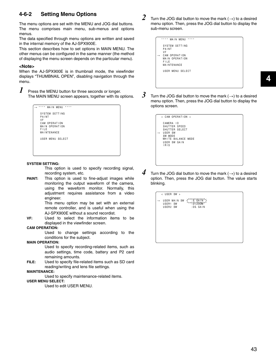 6-2 setting menu options, Setting menu options | Panasonic SPX900 User Manual | Page 43 / 118