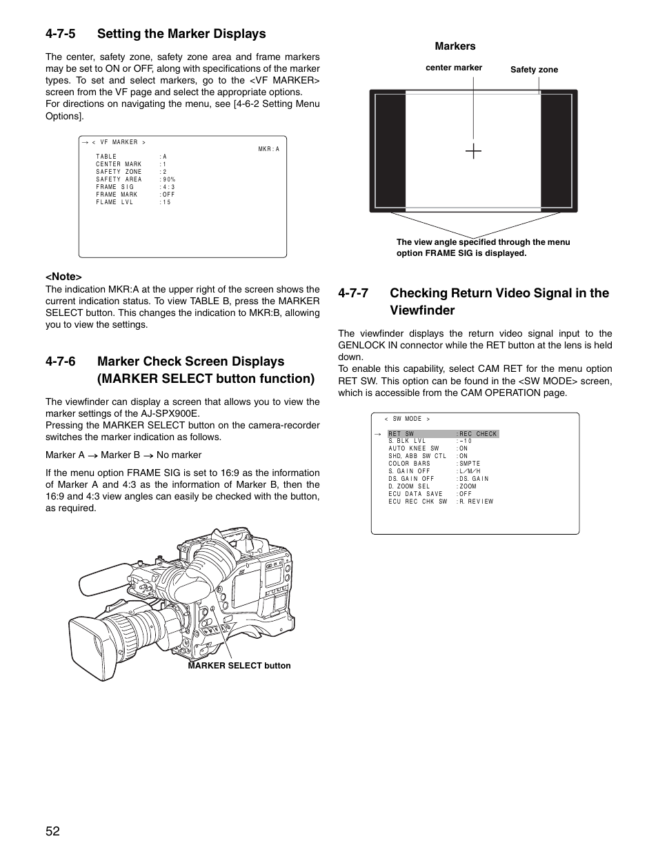 7-5 setting the marker displays, 7-7 checking return video signal in the viewfinder, Setting the marker displays | Marker check screen displays, Marker select button function), Checking return video signal, In the viewfinder | Panasonic SPX900 User Manual | Page 52 / 118