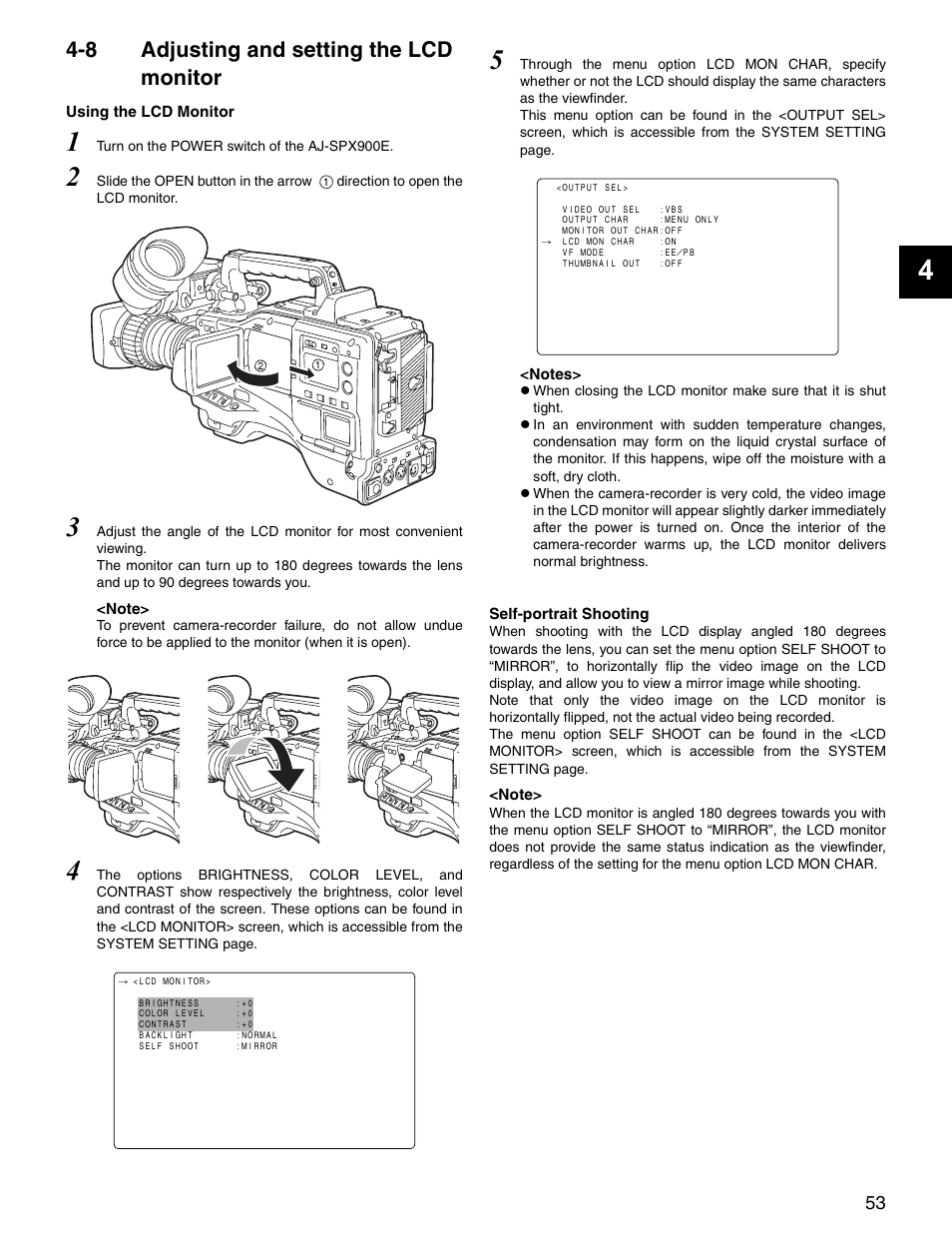 8 adjusting and setting the lcd monitor, Adjusting and setting the lcd monitor | Panasonic SPX900 User Manual | Page 53 / 118