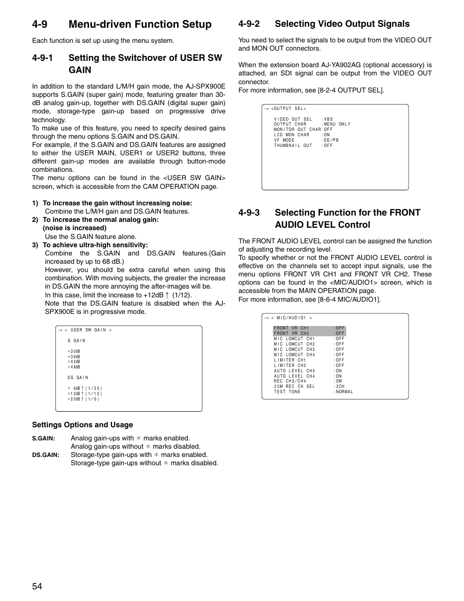 9 menu-driven function setup, 9-1 setting the switchover of user sw gain, 9-2 selecting video output signals | Menu-driven function setup, Setting the switchover of user sw gain, Selecting video output signals, Selecting function for, The front audio level control | Panasonic SPX900 User Manual | Page 54 / 118