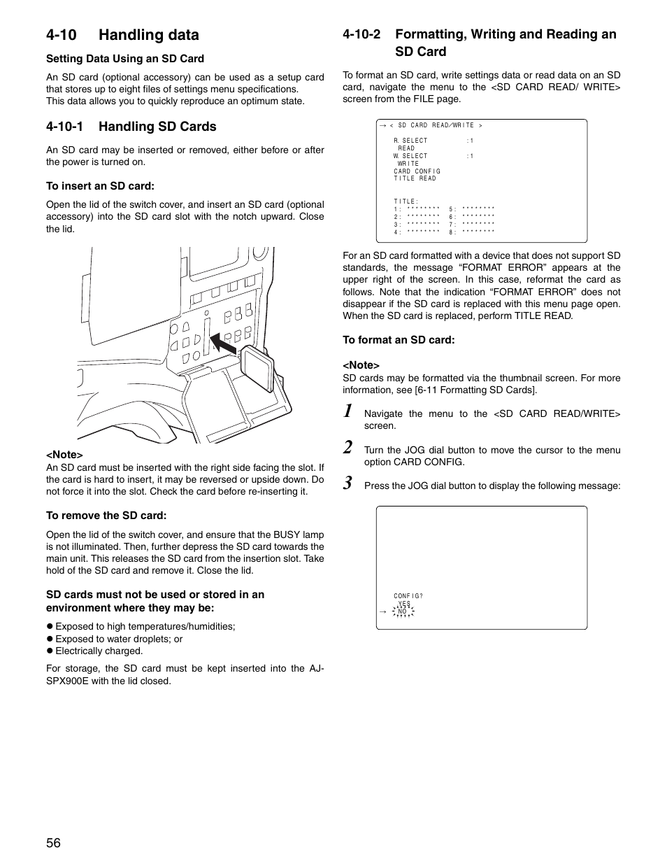 10 handling data, 10-1 handling sd cards, 10-2 formatting, writing and reading an sd card | Handling data, Handling sd cards, Formatting, writing and, Reading an sd card | Panasonic SPX900 User Manual | Page 56 / 118