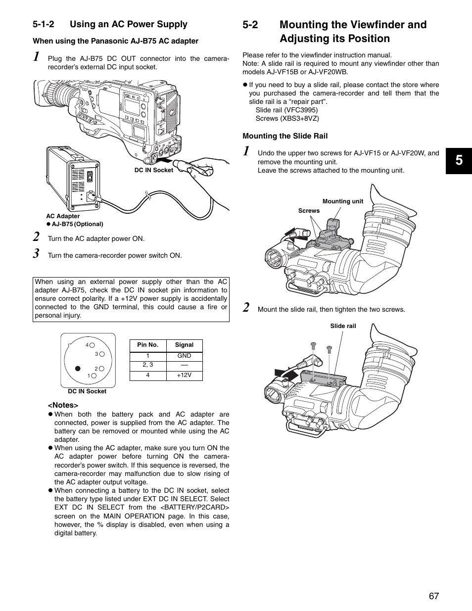 1-2 using an ac power supply, Using an ac power supply, Mounting the viewfinder and | Adjusting its position | Panasonic SPX900 User Manual | Page 67 / 118