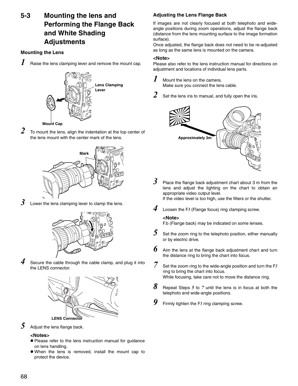 Mounting the lens and performing, The flange back and white shading, Adjustments | Panasonic SPX900 User Manual | Page 68 / 118