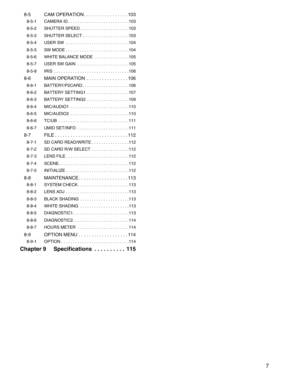 Chapter 9 specifications | Panasonic SPX900 User Manual | Page 7 / 118