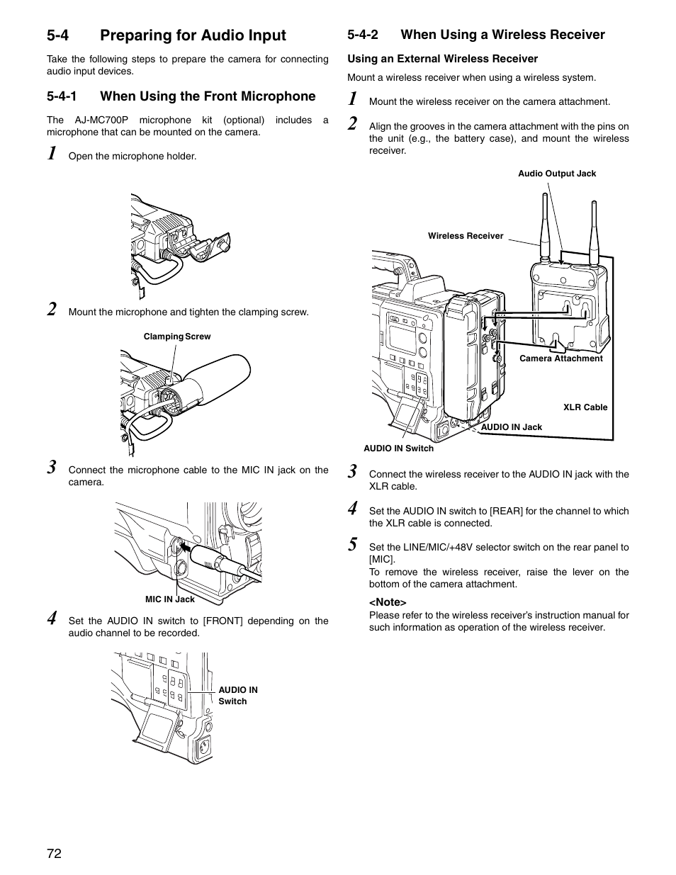 4 preparing for audio input, 4-1 when using the front microphone, 4-2 when using a wireless receiver | Preparing for audio input, When using the front microphone, When using a wireless receiver | Panasonic SPX900 User Manual | Page 72 / 118