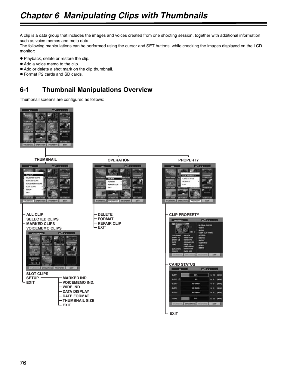 Chapter 6 manipulating clips with thumbnails, 1 thumbnail manipulations overview, Chapter 6 | Manipulating clips with thumbnails, Thumbnail manipulations overview | Panasonic SPX900 User Manual | Page 76 / 118