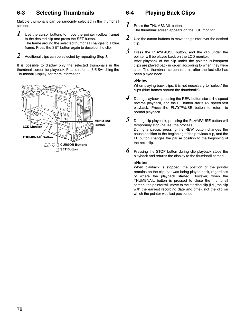 3 selecting thumbnails, 4 playing back clips, Selecting thumbnails | Playing back clips | Panasonic SPX900 User Manual | Page 78 / 118