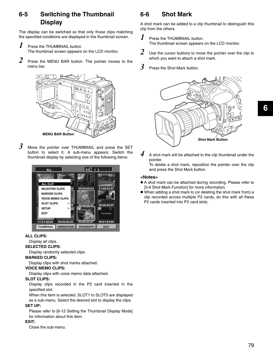 5 switching the thumbnail display, 6 shot mark, Switching the thumbnail display | Shot mark, Er to [6-6 shot mark] f | Panasonic SPX900 User Manual | Page 79 / 118