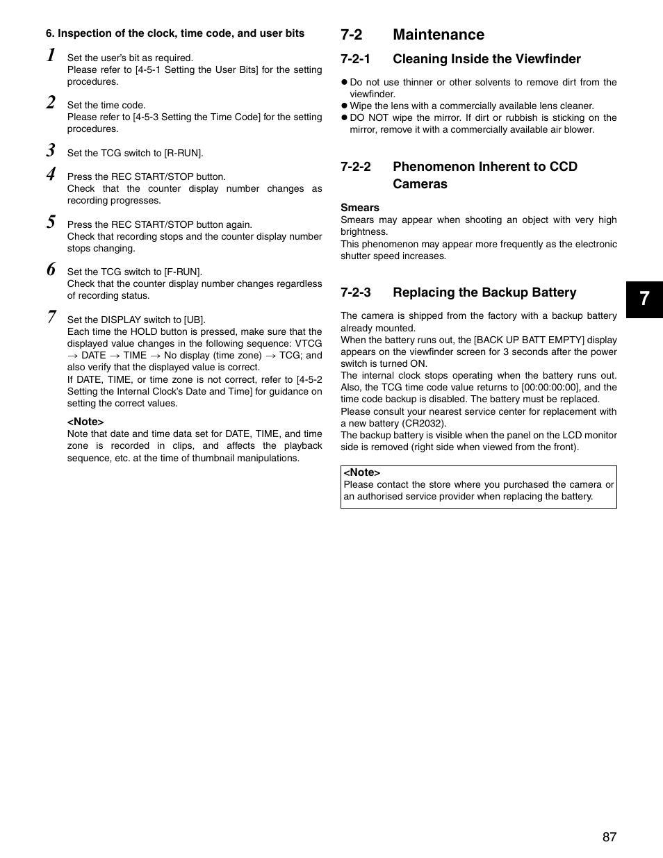 2 maintenance, 2-1 cleaning inside the viewfinder, 2-2 phenomenon inherent to ccd cameras | 2-3 replacing the backup battery, Maintenance, Cleaning inside the viewfinder, Phenomenon inherent to ccd cameras, Replacing the backup battery | Panasonic SPX900 User Manual | Page 87 / 118