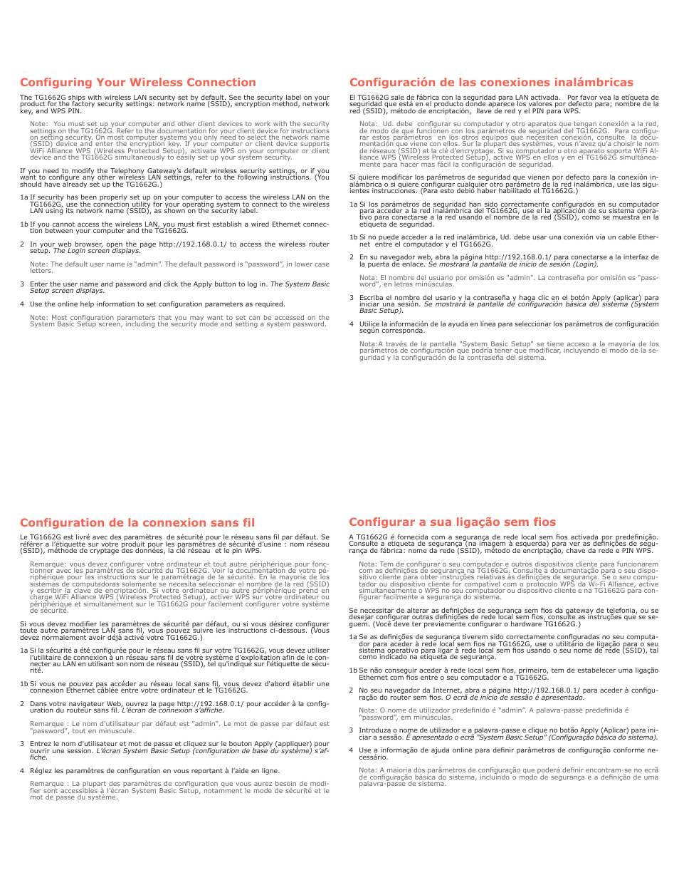 Configuring your wireless connection, Configuration de la connexion sans fil, Configuración de las conexiones inalámbricas | Configurar a sua ligação sem fios | ARRIS TG1662G Quick Start Guide User Manual | Page 2 / 2