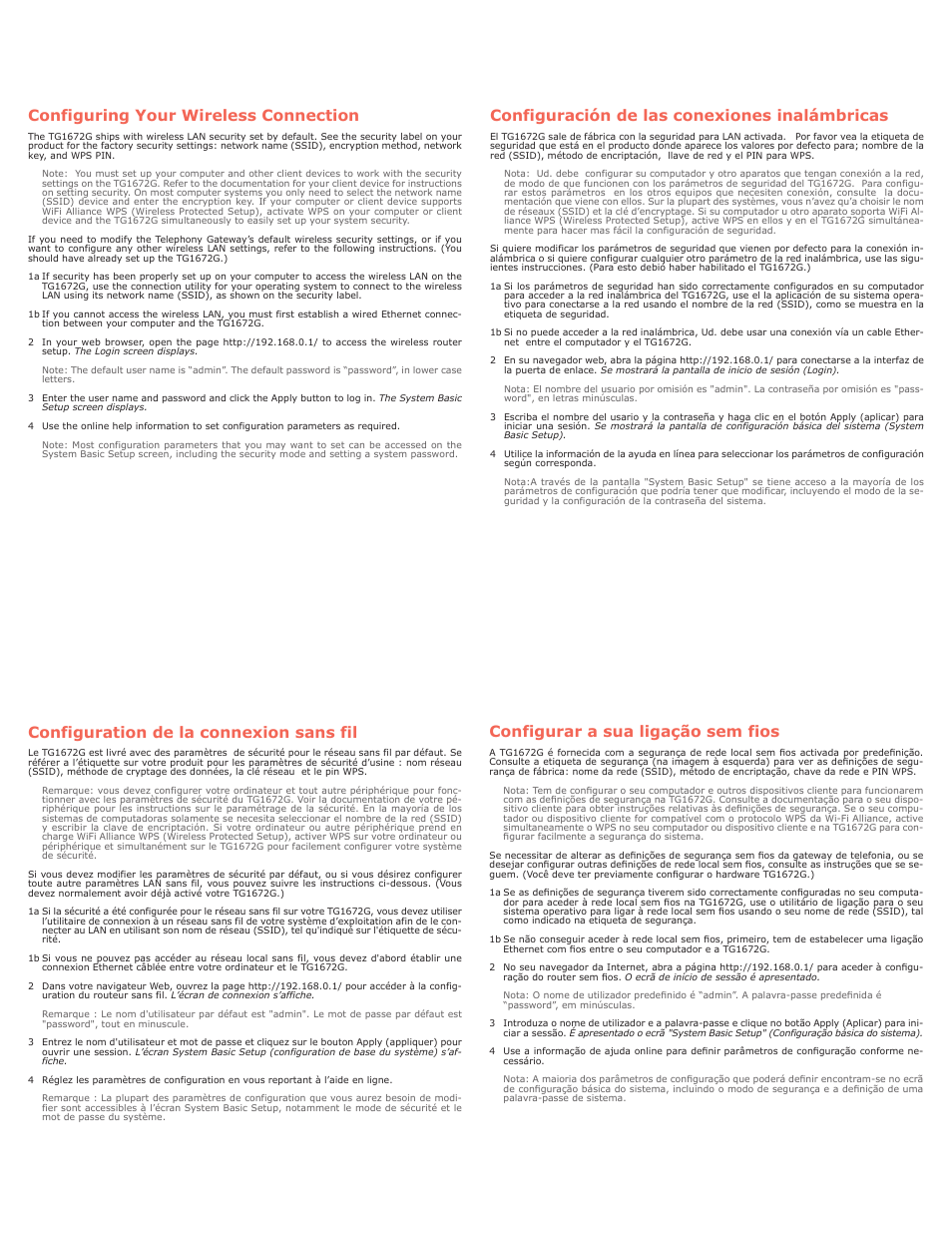 Configuring your wireless connection, Configuration de la connexion sans fil, Configuración de las conexiones inalámbricas | Configurar a sua ligação sem fios | ARRIS TG1672G Quick Start Guide User Manual | Page 2 / 2