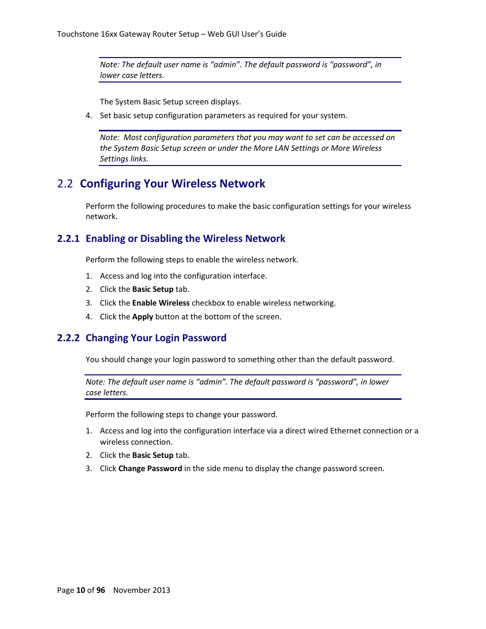 2 configuring your wireless network, 1 enabling or disabling the wireless network, 2 changing your login password | Configuring your wireless network | ARRIS TG1672G-NA Web GUI User Guide User Manual | Page 10 / 96