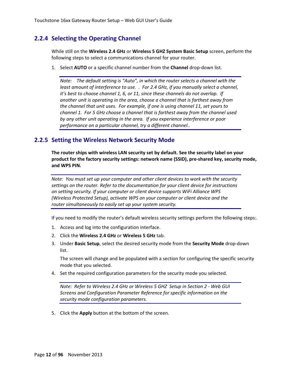 4 selecting the operating channel, 5 setting the wireless network security mode | ARRIS TG1672G-NA Web GUI User Guide User Manual | Page 12 / 96