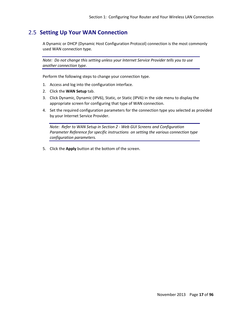 5 setting up your wan connection, Setting up your wan connection | ARRIS TG1672G-NA Web GUI User Guide User Manual | Page 17 / 96