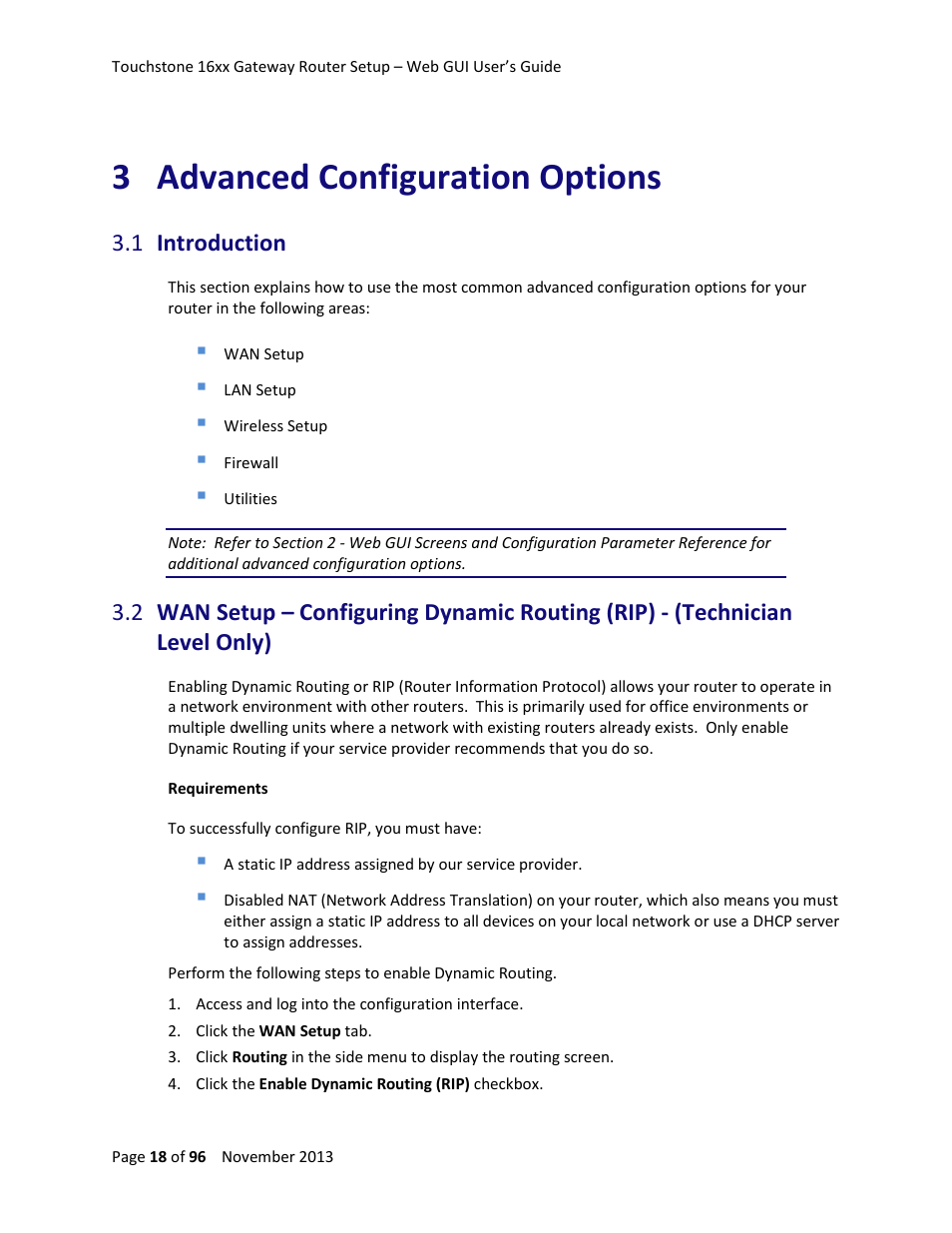 3 advanced configuration options, 1 introduction, Advanced configuration options | Introduction | ARRIS TG1672G-NA Web GUI User Guide User Manual | Page 18 / 96