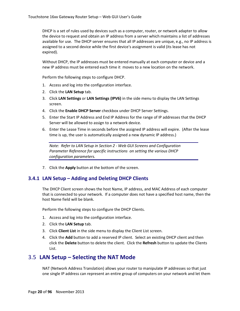 1 lan setup – adding and deleting dhcp clients, 5 lan setup – selecting the nat mode, Lan setup – selecting the nat mode | ARRIS TG1672G-NA Web GUI User Guide User Manual | Page 20 / 96