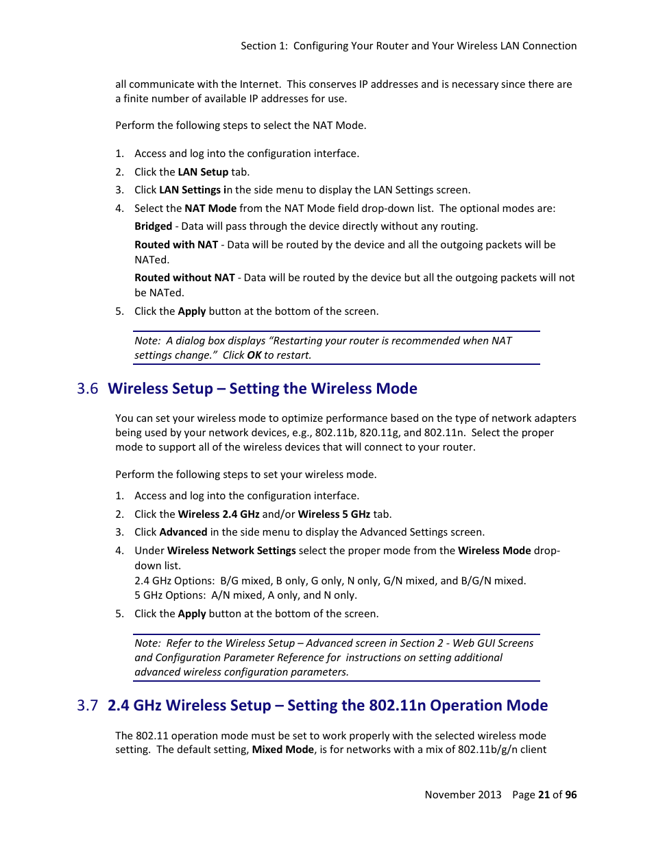 6 wireless setup – setting the wireless mode, Wireless setup – setting the wireless mode | ARRIS TG1672G-NA Web GUI User Guide User Manual | Page 21 / 96
