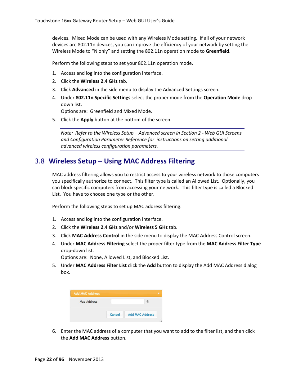 8 wireless setup – using mac address filtering, Wireless setup – using mac address filtering | ARRIS TG1672G-NA Web GUI User Guide User Manual | Page 22 / 96