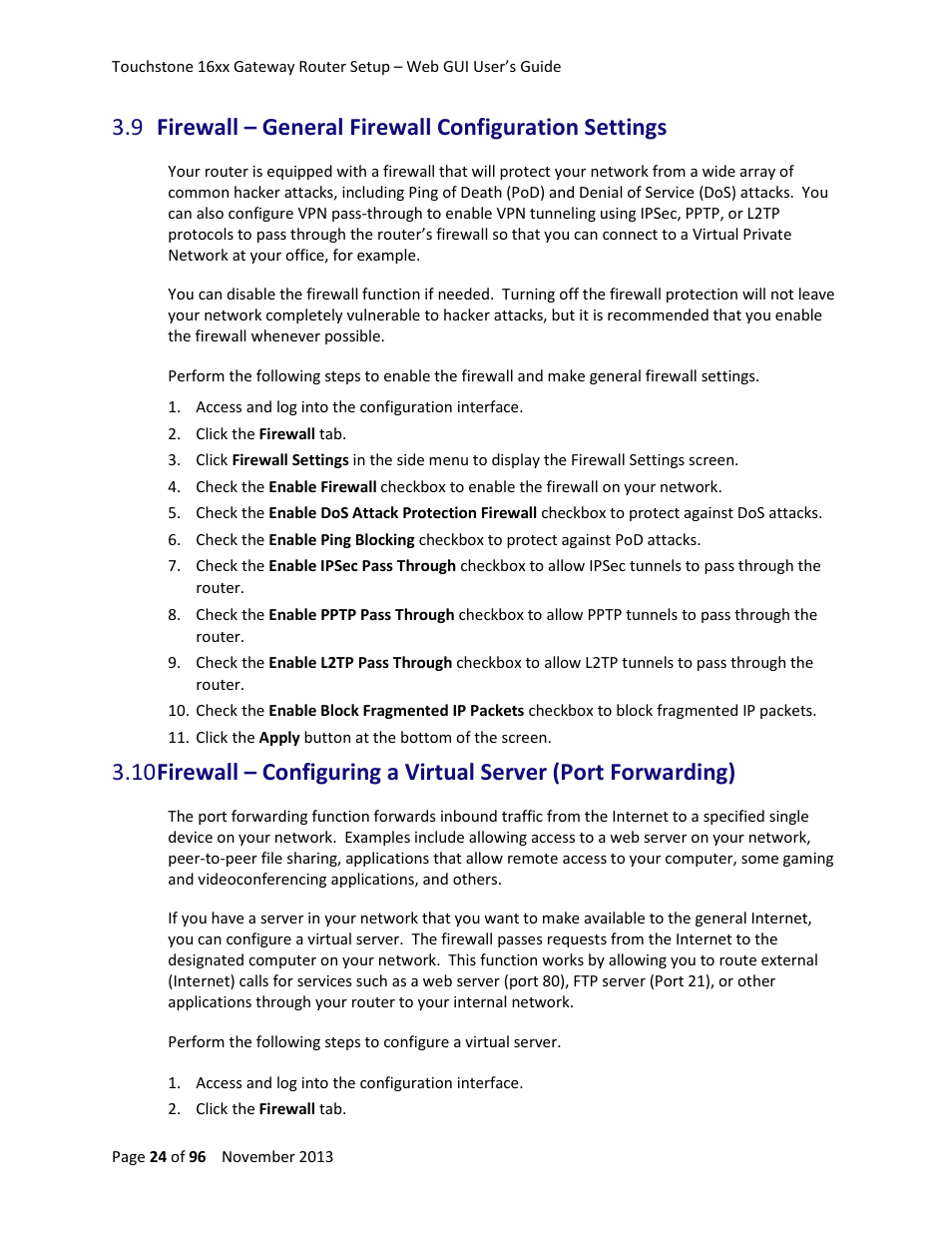 Firewall – general firewall configuration settings | ARRIS TG1672G-NA Web GUI User Guide User Manual | Page 24 / 96