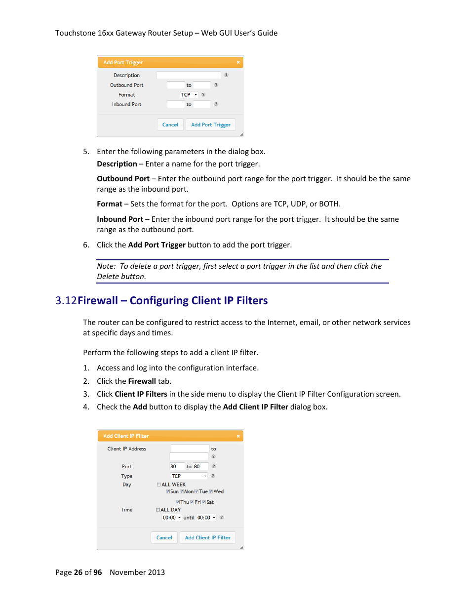 12 firewall – configuring client ip filters | ARRIS TG1672G-NA Web GUI User Guide User Manual | Page 26 / 96