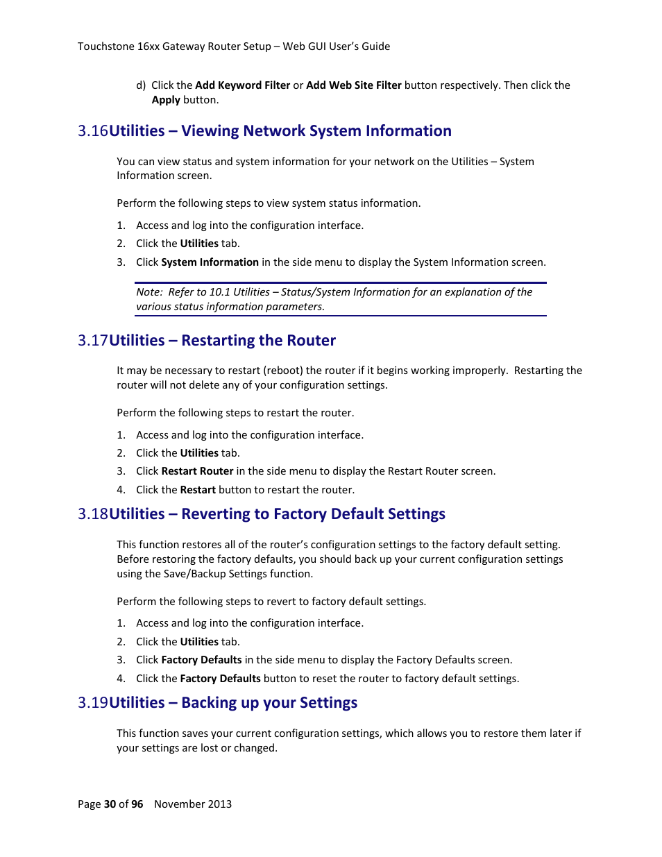 16 utilities – viewing network system information, 17 utilities – restarting the router, 19 utilities – backing up your settings | ARRIS TG1672G-NA Web GUI User Guide User Manual | Page 30 / 96